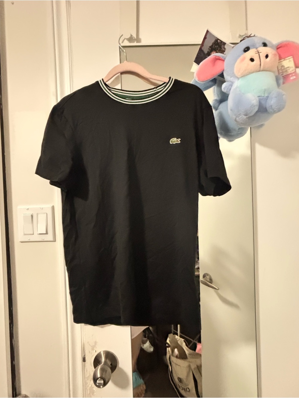 Lacoste Black Short-Sleeve Tee with Striped Ribbed Collar